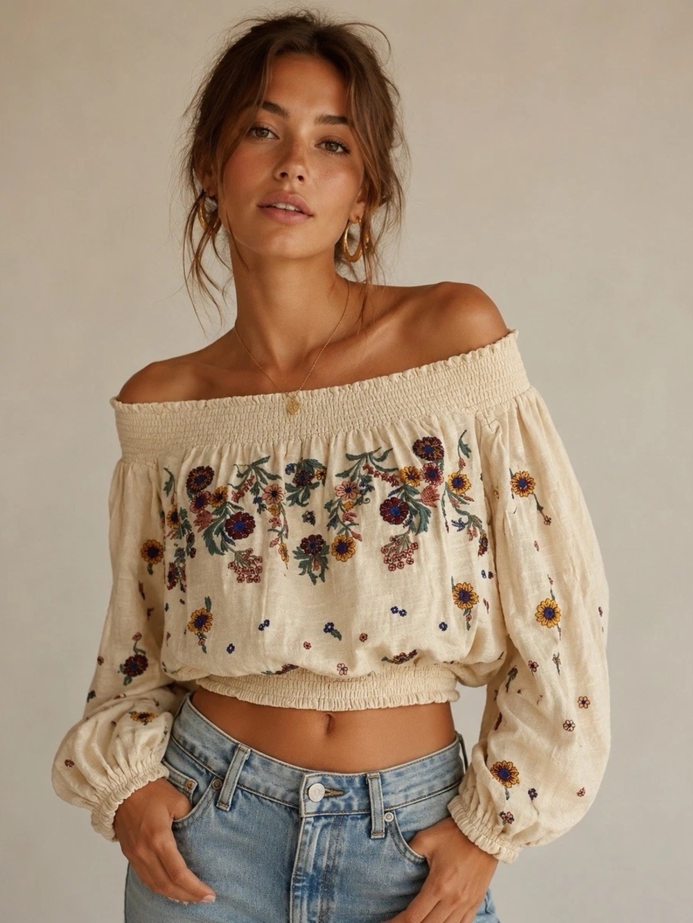 Aratta Silent Journey Floral Embroidered Cream Off-the-Shoulder Crop Top Boho‎ M